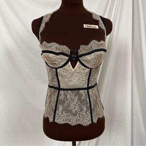 VS Gold Chantilly Lace & Black Bustier Corset Top w/ Swarovski Crystals Sz 36C